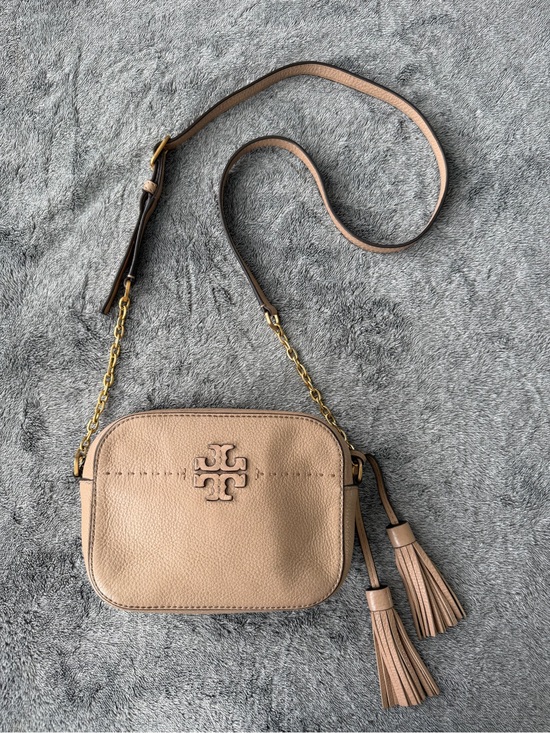 Tory Burch Handbags - Tory Burch Pebbled Leather Crossbody in Taupe with Tassels